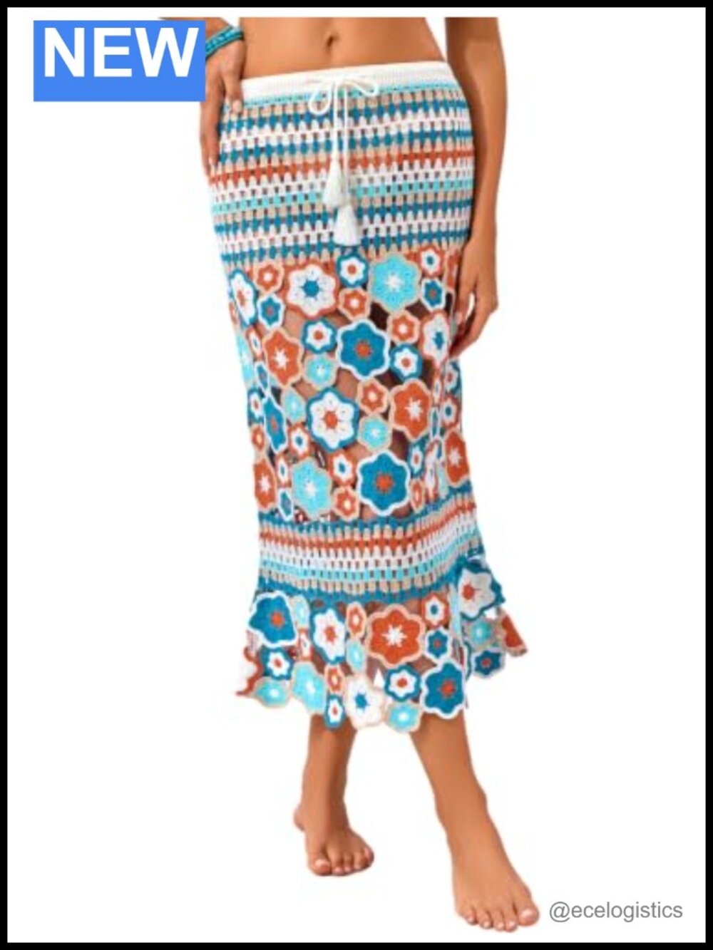 Women Boho Crochet Midi Skirt Beach Cover Up Adjustable Drawstring